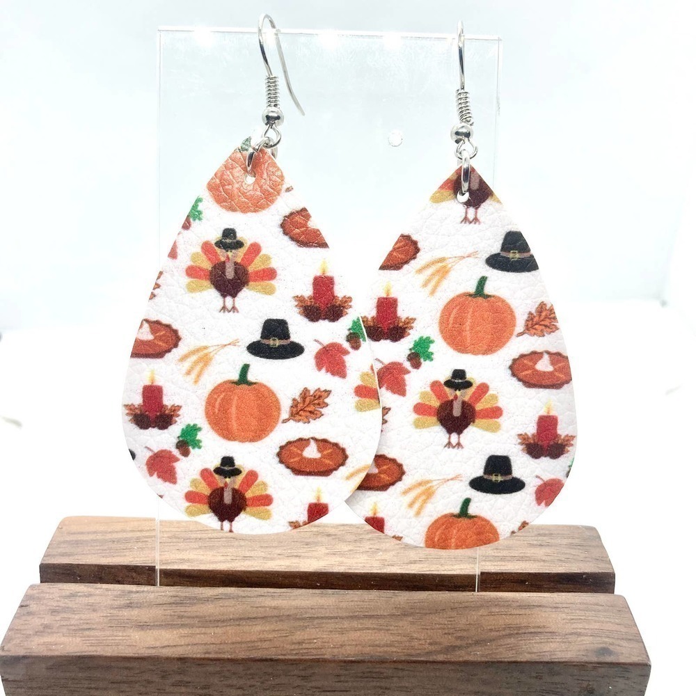 Faux Leather Teardrop Thanksgiving Feast Print Earrings